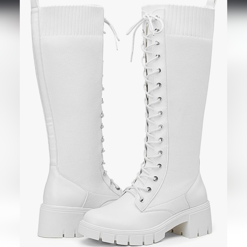 Vepose White Lace-Up Knee High Combat Boots
